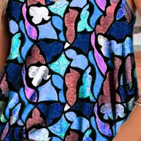 Αμάνικο Γυναικείο Crop Top Γιλέκο Παραλίας με Τυπωτό V Λαιμό και Λεπτές Τιράντες