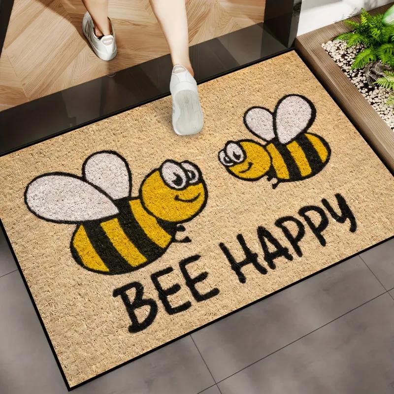 VIKAMA Bee Happy Doormat Welcome Mat Crystal Velvet Outdoor Carpet Living Room Floor Mat Rug For Bedroom Lightweight Home Decor