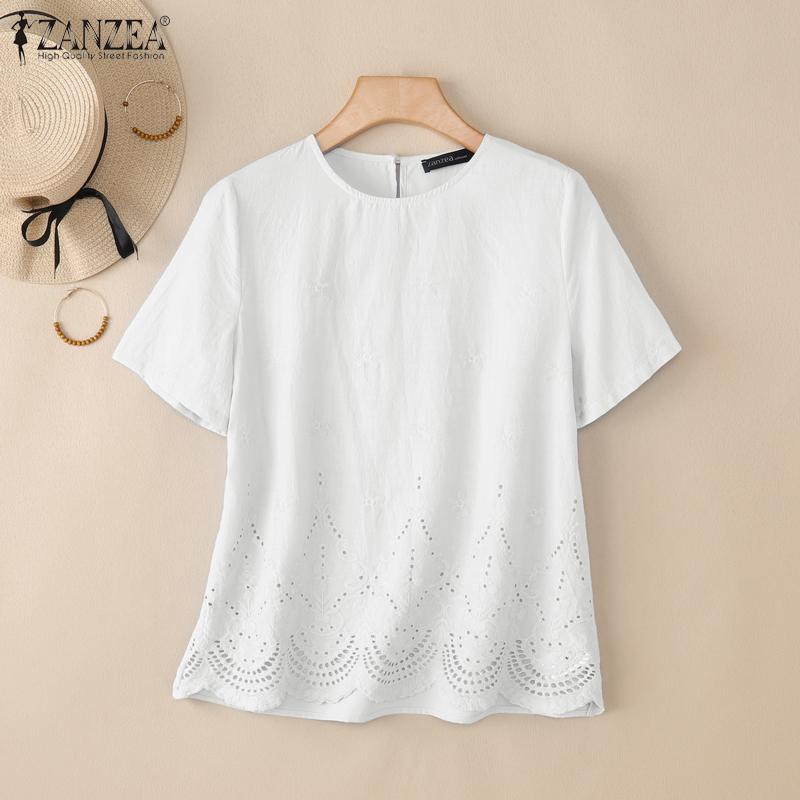 ZANZEA Damen Sommer Stickerei Lässig Rundhals Kurzarm T-Shirts