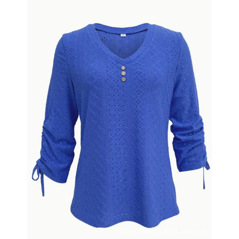 Spring and Summer New Solid Color Jacquard Button Long-sleeved Straps Hollow Loose T-shirt Top