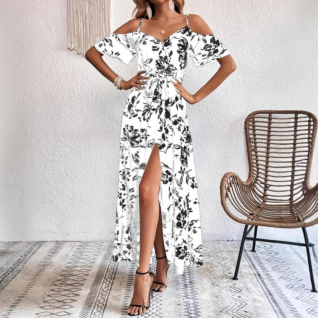 Nuovo sexy abito da donna con bretelle irregolari, lungo con bretelle, floreale, da spiaggia