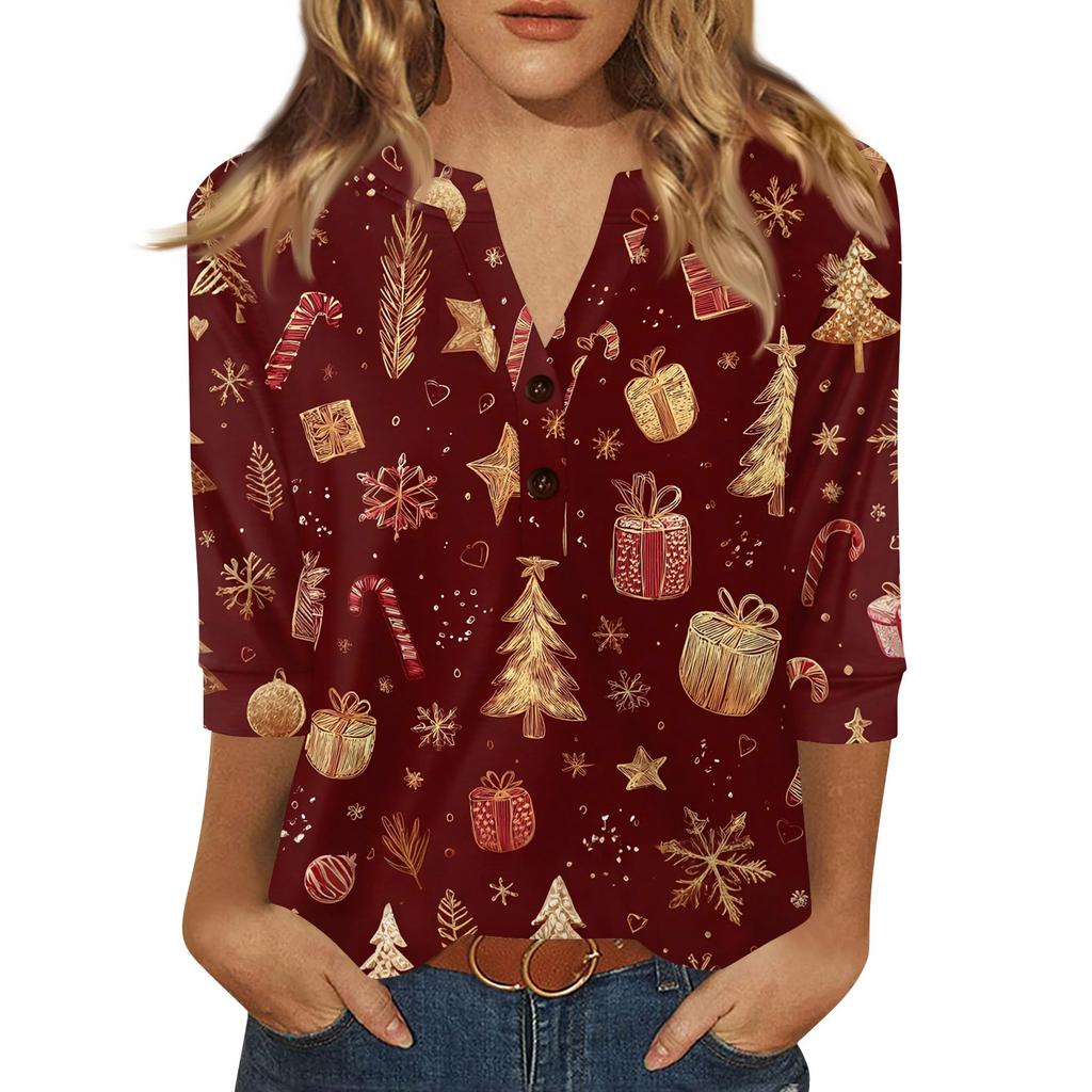 Women's T Shirt Christmas Print Button 3/4 Sleeve Daily Weekend Fashion Basic V- Neck Regular Top