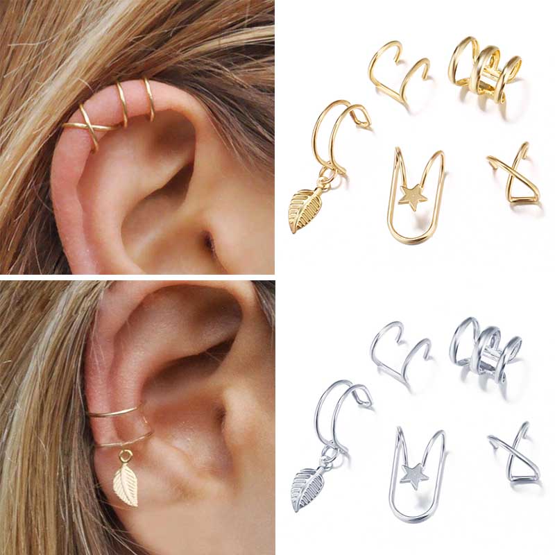Ear Cuffs Leaf Star Clip Ring Earrings for Women No Piercing Fake Cartilage Earring Studs Ear Stud Set Clip Cuff