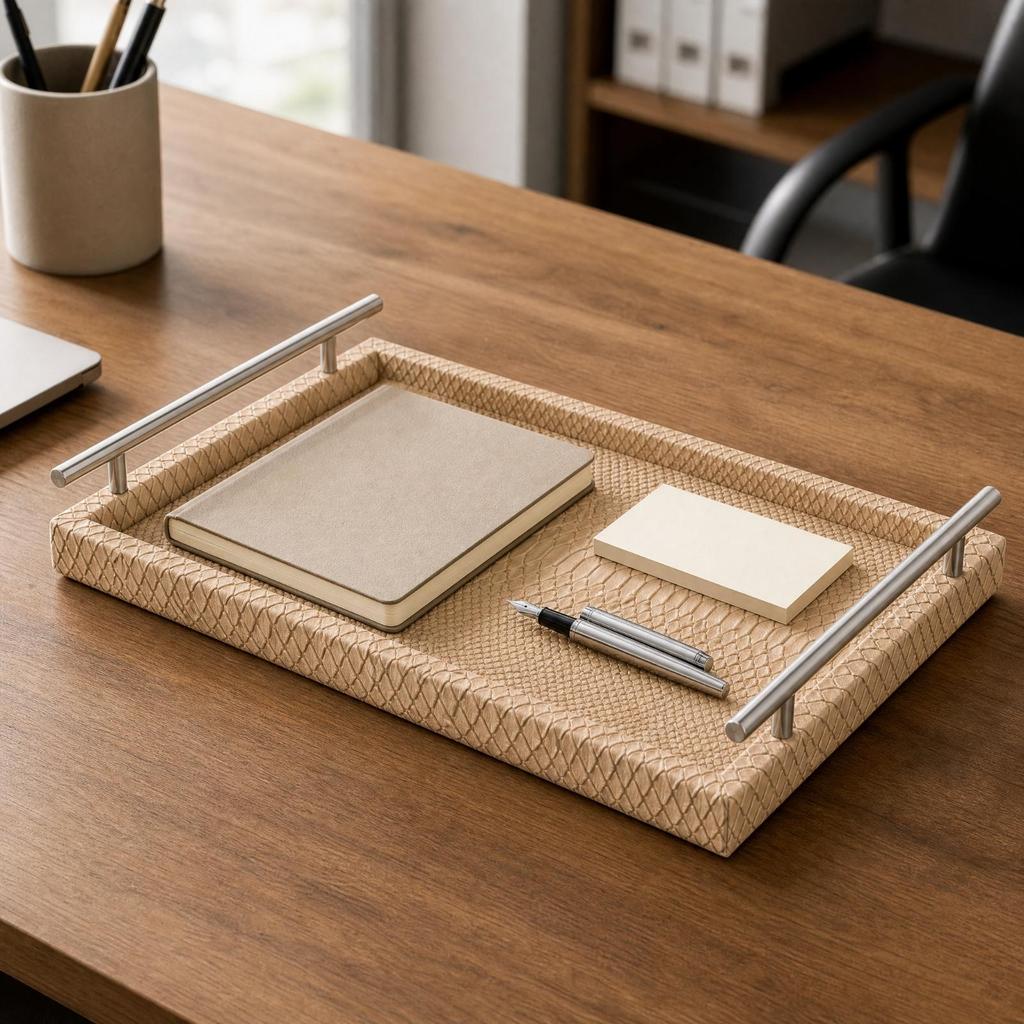 Embossed Leather Tray with Raised Edge Versatile Rectangular Decorative Handles Elegant