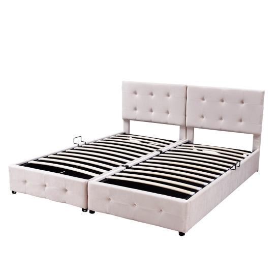 Bed Upholstered 180x200cm Hydraulic Storage Bed High Box Multifunctional Double Skin-Friendly Velvet Fabric Beige Flat