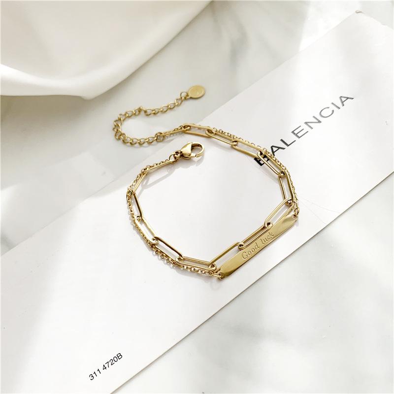 Square Pendant Double Layer Bracelet - 18K Gold Plated Titanium Steel, Fashionable European & American Good Luck Chain for New Year.