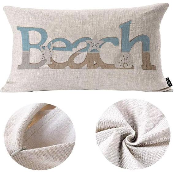 EKOBLA Beach Vintage Wood Lettering Quote with Ocean Home Pillow Cases Coastal Sea Starfish Scallop Summer Waist Lumber Cotton Linen Cushion Cover