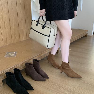 2025 Autumn and Winter New Suede Small Square Head Thin Heel Short Boots Women's Small Heel Temperament High Heels Elastic Thin Boots