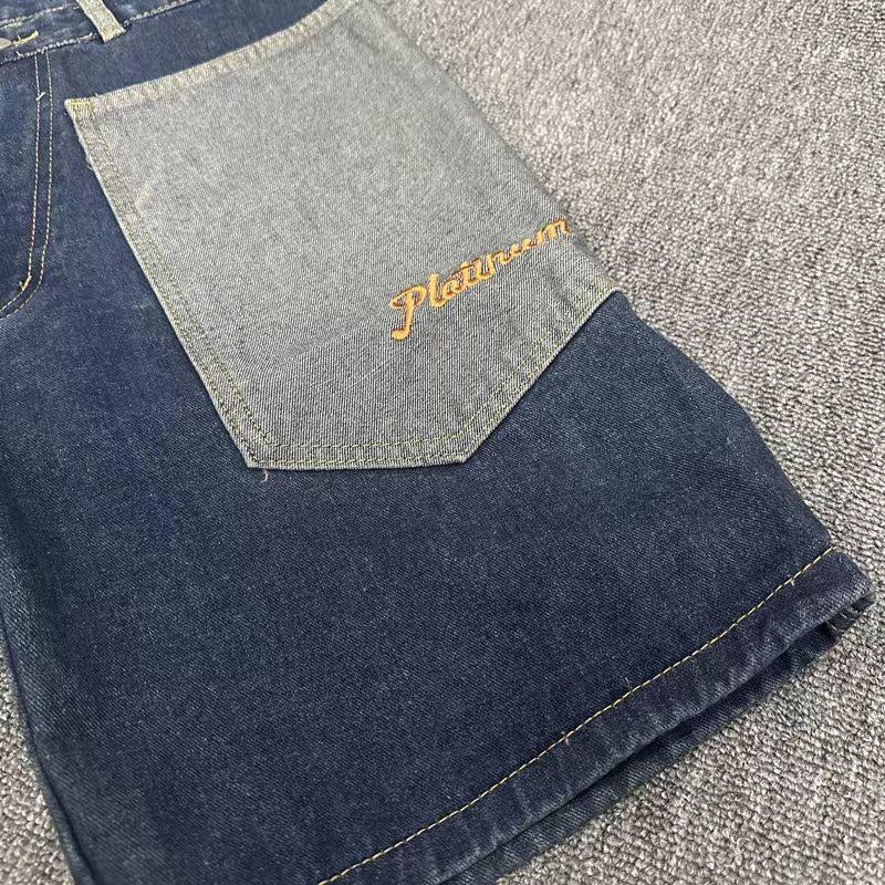 RogueWave Y2K Jeansshorts Herren Harajuku Hip Hop Cartoon Stickerei Blau Baggy Denim Lässig Knielang Kurz