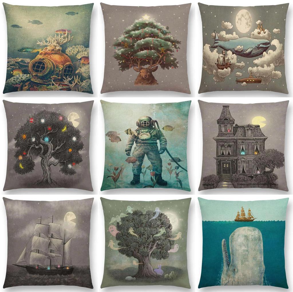 Sofa Throw Pillow Cover Home Decor Cute Little Ghost Sailing Whale Ocean Diver Print Cushion
