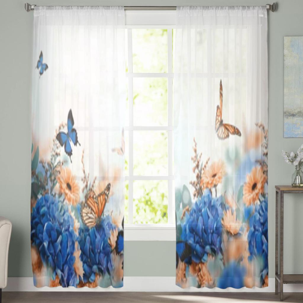 Hydrangea And Daisies Chiffon Sheer Curtains For Living Room Bedroom Decoration Window Tulle Curtains Drapes