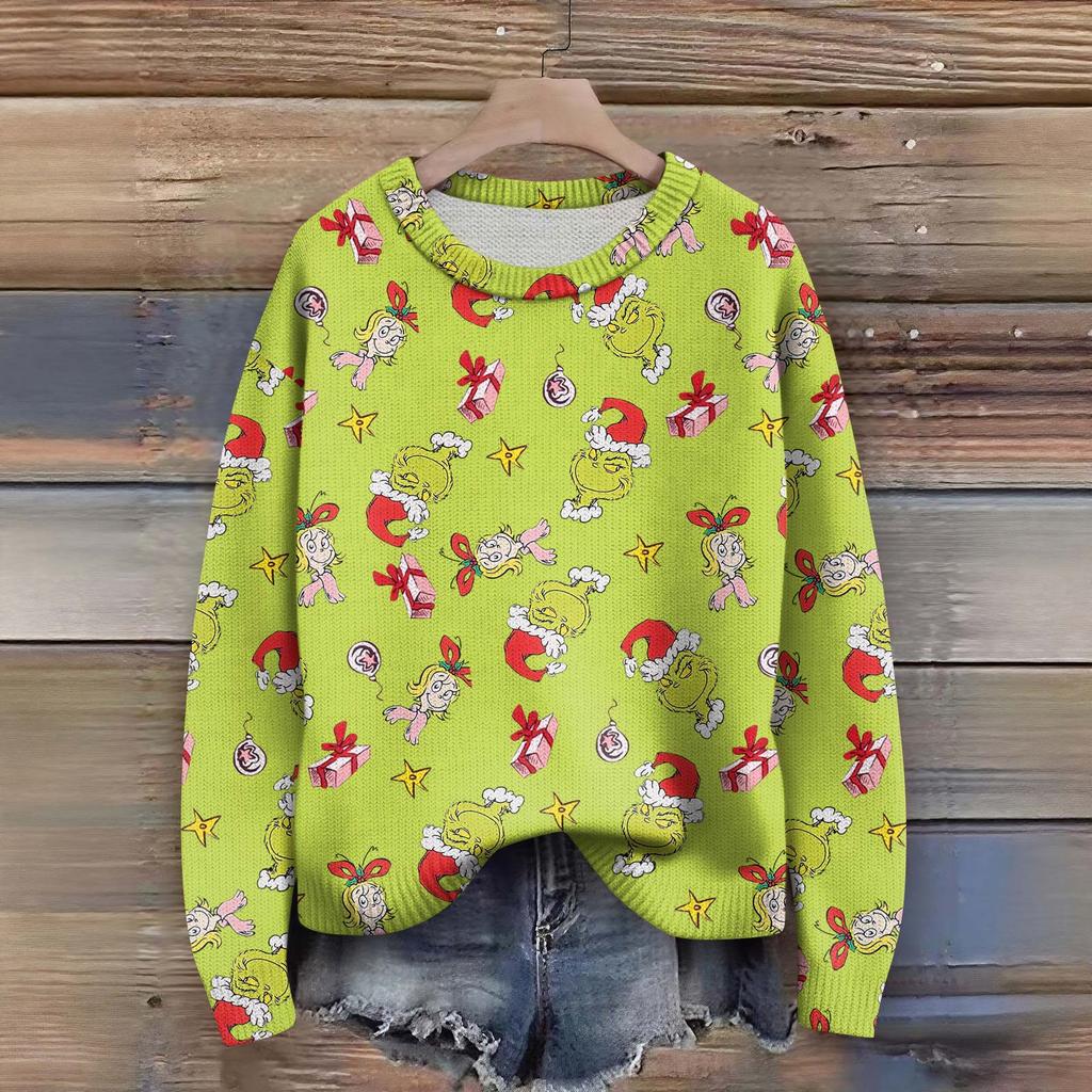 Long Sleeve Pullover Sweaters For Women O Neck Casual Cute Printing Knit Oversized Sweater