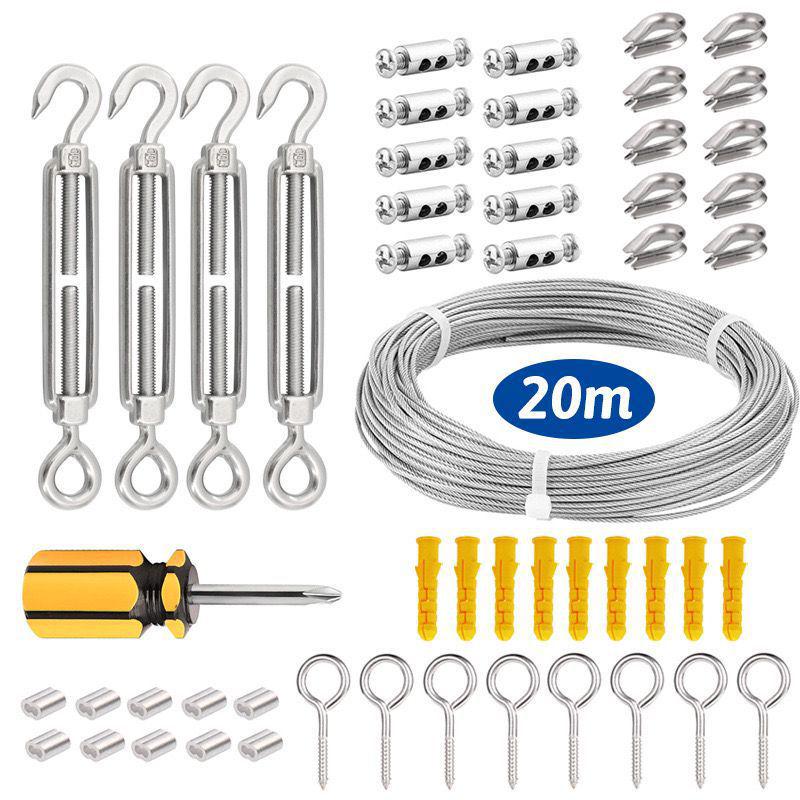 Stainless Steel Wire Rope Hanging Kit for Outdoor String Lights with Thimble Hooks and Tensioning Cable.