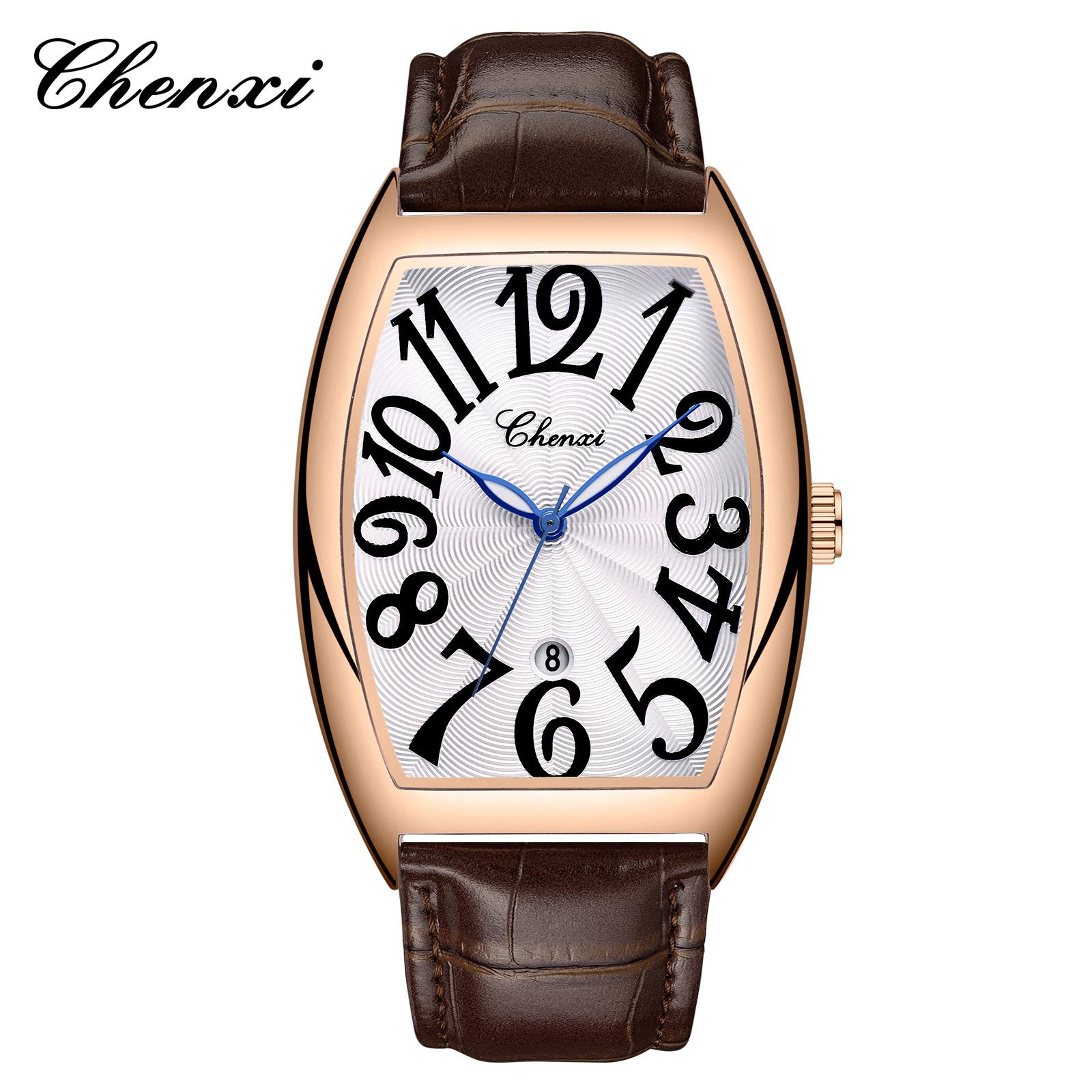 

Часы CHENXI для мужчин, кожаный ремешок, роскошные, модные, люминесцентные, кварцевые, с календарем, водонепроницаемые, наручные часы, мужские часы коричневый/белый