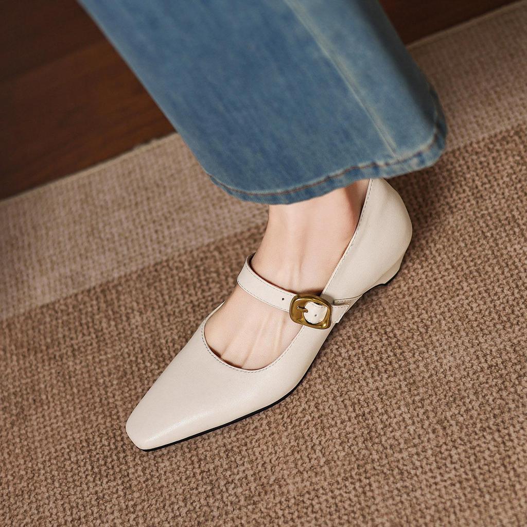 Krazing Pot Microfiber Square Toe Thick Med Heels Spring Summer Shoes Big Size 43 Metal Buckle Beauty Women Shallow Pumps