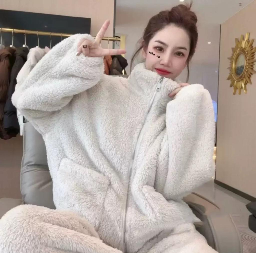 Dámská podzimní zimní teplá sada tlustý kardigan na zip+kalhoty ležérní obleky