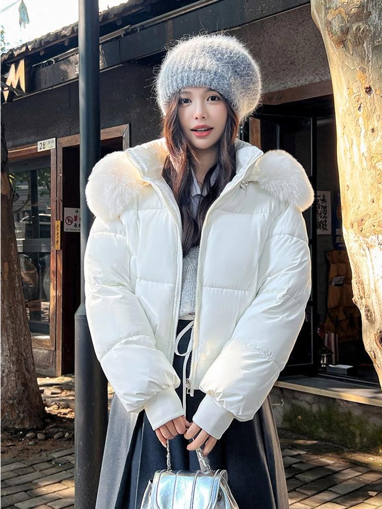 Hooded Cotton-padded Jacket Short Winter Thickened Warm Coat With Fur Collar