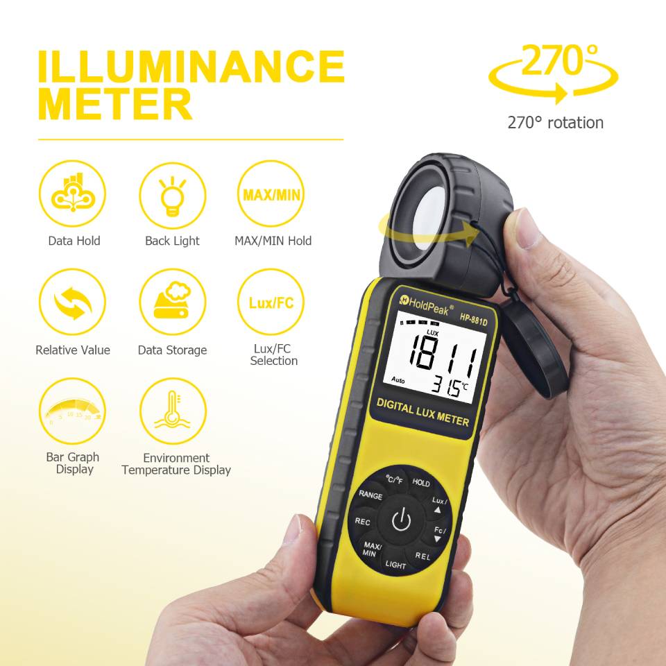 HoldPeak HP-881D New Digital LUX Meter 4000,000 LUX/FC selection High Precision Digital Luxmeter Handheld Type Illuminometer
