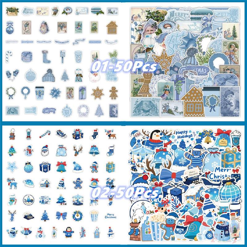 50Pcs/100Pcs Blue Merry Christmas Stickers DIY Fashion Waterproof Doodle Decals Stickers