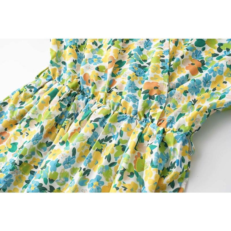 Summer Short Sleeve Floral Printed Women Dress New V Neck Fashion Elegant Loose Casual Party A-line Dresses Female Lace-up Women's Clothing