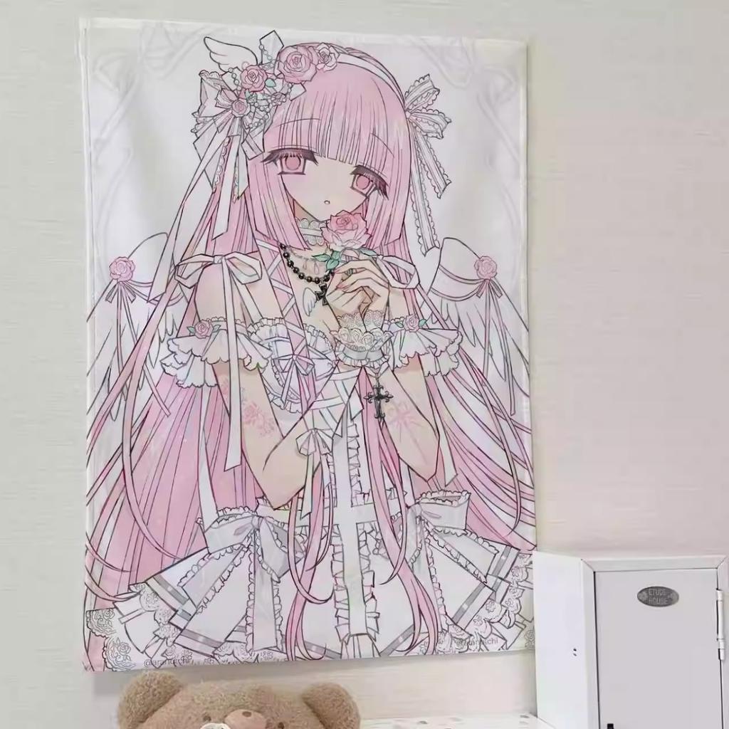 Cute Cat Rabbit Anime Tapestry Kawaii Lolita Maid Wall Decor Ins Style Dorm Bedroom Background Cloth Aesthetic Home Decoration