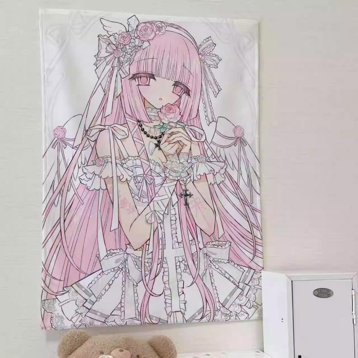 

Cute Cat Rabbit Anime Tapestry Kawaii Lolita Maid Wall Decor Ins Style Dorm Bedroom Background Cloth Aesthetic Home Decoration 74x94cm(29x37in)