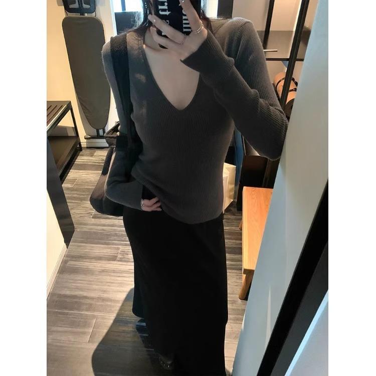 Pure Desire Spice Girl Design Collar Slim and Thin Long Sleeve Knitted Inside Women's Autumn Personalized Sweater Base