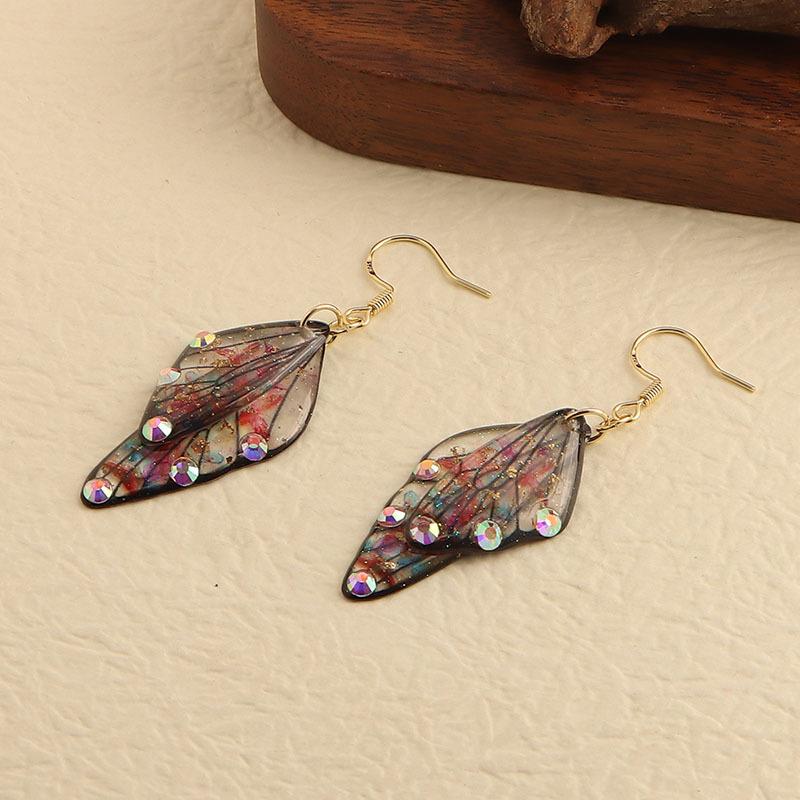Colorful Resin Rhinestone Double Butterfly Wing Dangle Earrings for Women Wedding Holiday Jewelry