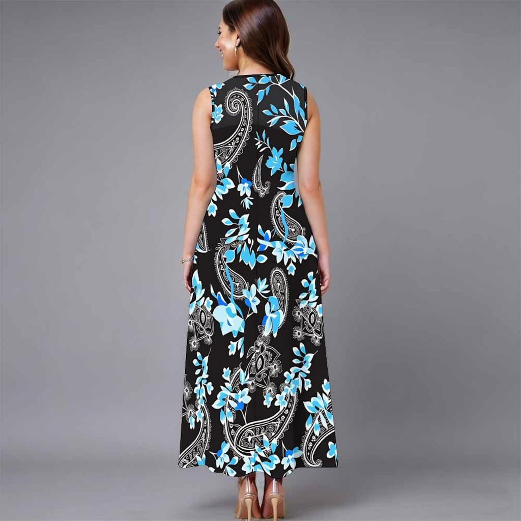 Oversized Women Sleeveless Round Neck Dress Elegant Cluster Flower Printed Loose Mid Calf Dress