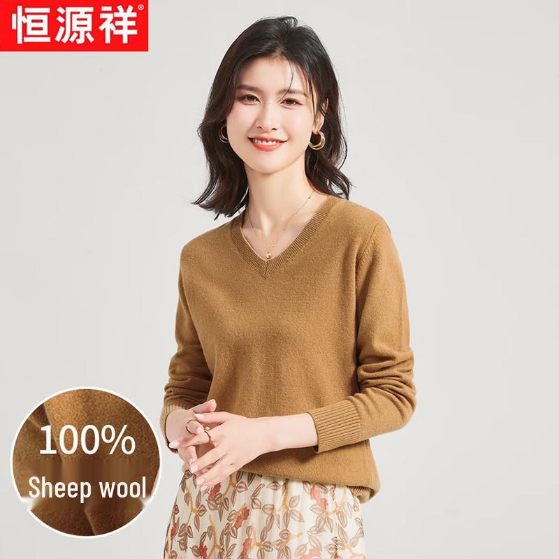 Hengyuanxiang Women's 100% Pure Wool Crew Neck/V-Neck Pullover Sweater