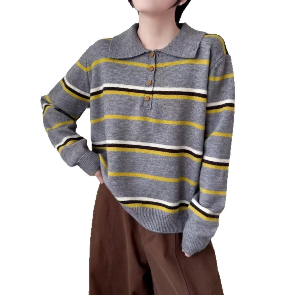 Women's Korean-Style Color Block Striped Knit Pullover Sweater: 2026 Autumn/Winter Casual Layered Top.