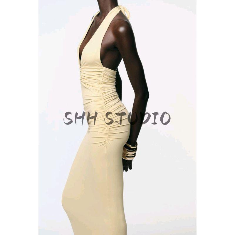 Summer Women's Clothing Bows Lace Pleated Decorative Nylon Hanging Collar Sleeveless Elegant Dress 1026148