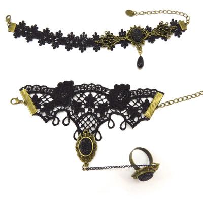 [K6580] - Black 'Courtisanes' Designer Set (lace) (ring Bracelet + Ankle Chain)