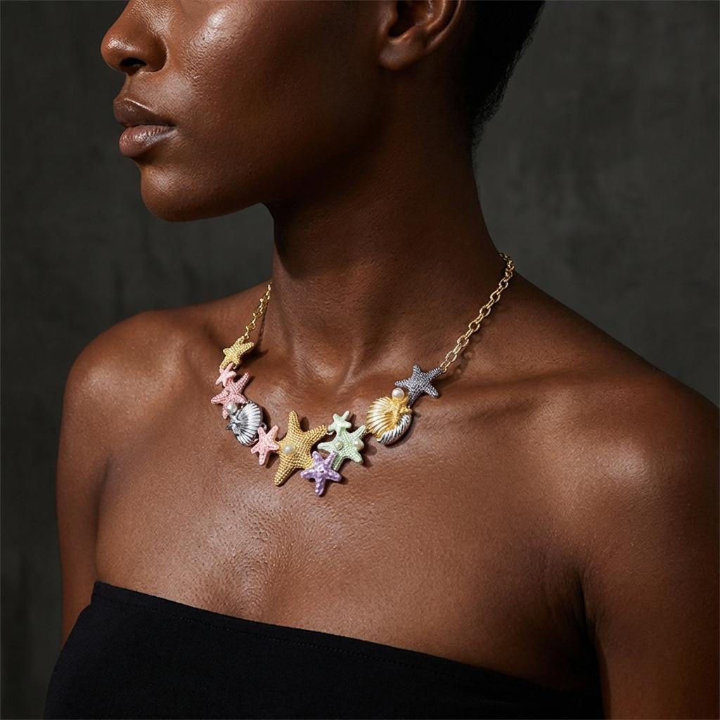 Summer Beach Colorful Vibe Starfish Shell Necklace for Women Imitation Pearl Choker Clavicle Chain Holiday Party Jewelry Gift