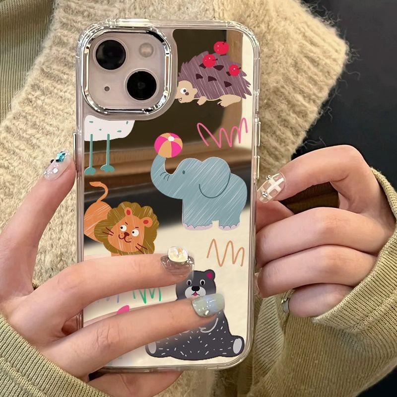 Cartoon Animal Compact Makeup Mirror Phone Case For IPhone 17 Air 11 13 14 12 15 16 Pro Max 17E 16E Plus Bumper Back Coque Cover