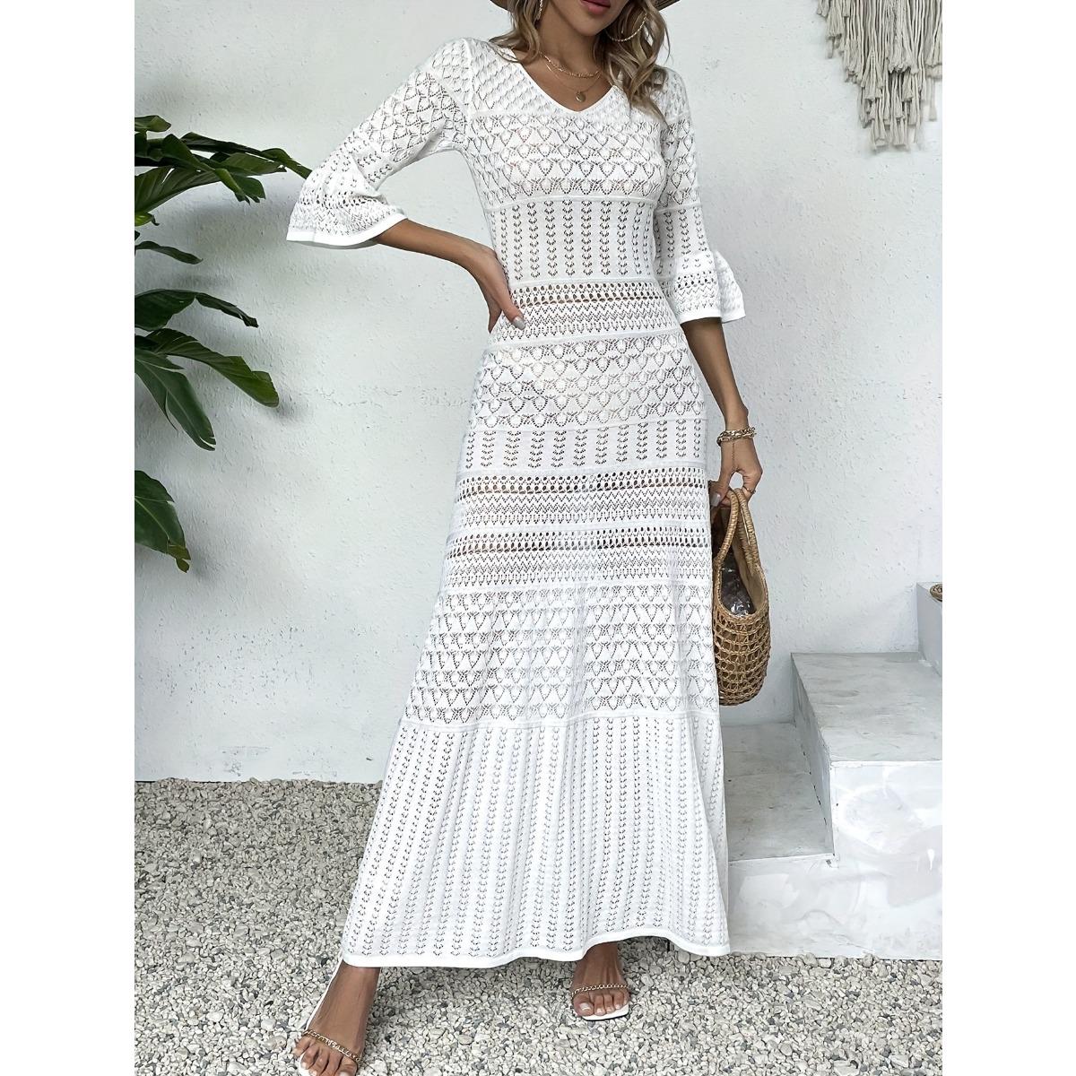 

Элегантное длинное женское платье - формальный и повседневный комбинезон с V-образным вырезом и кисточками, скрытый непрозрачный дизайн, детали в богемном стиле, с рукавами One Size белый