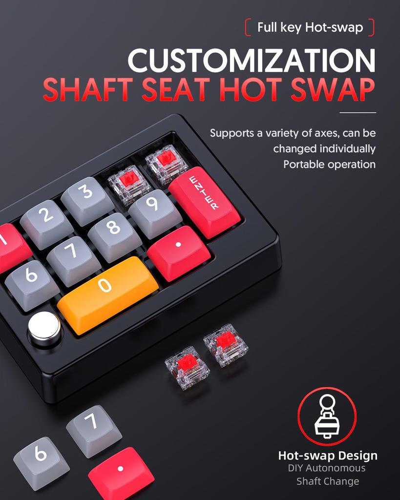 13-Key Mechanical Numeric Keypad with Macro Programming, Custom Knob, Multimedia Controls, Hot-Swappable Red Switches