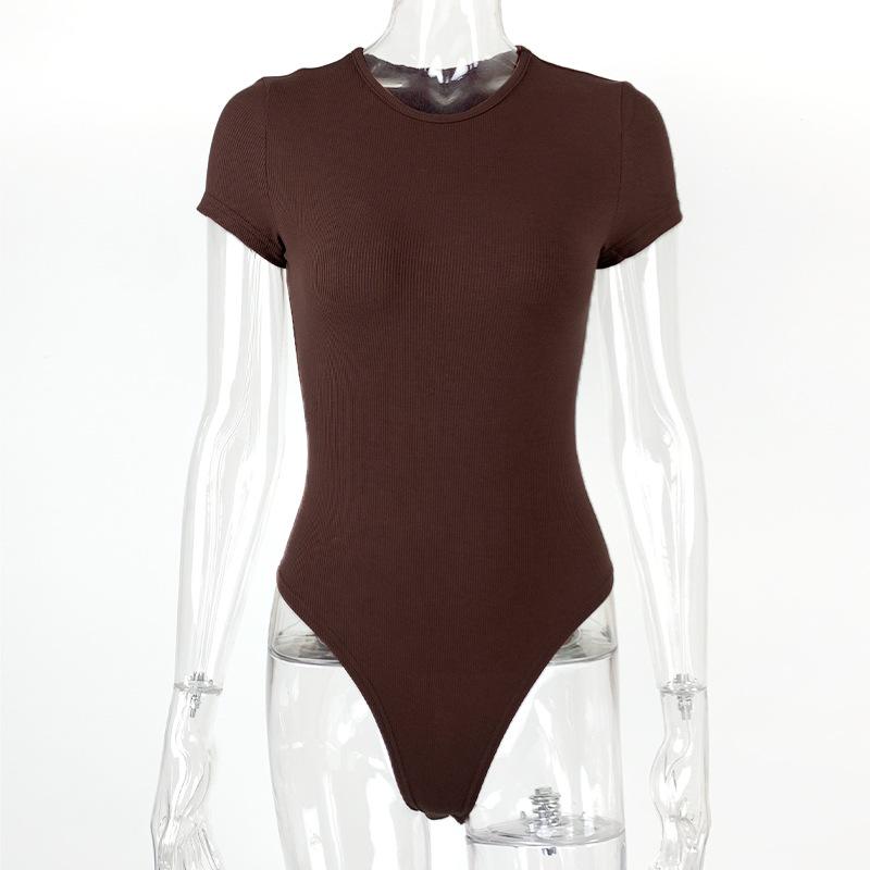 

GMXIA Летний женский сексуальный обтягивающий боди с коротким рукавом из хлопка в рубчик с круглым вырезом S темно-коричневого