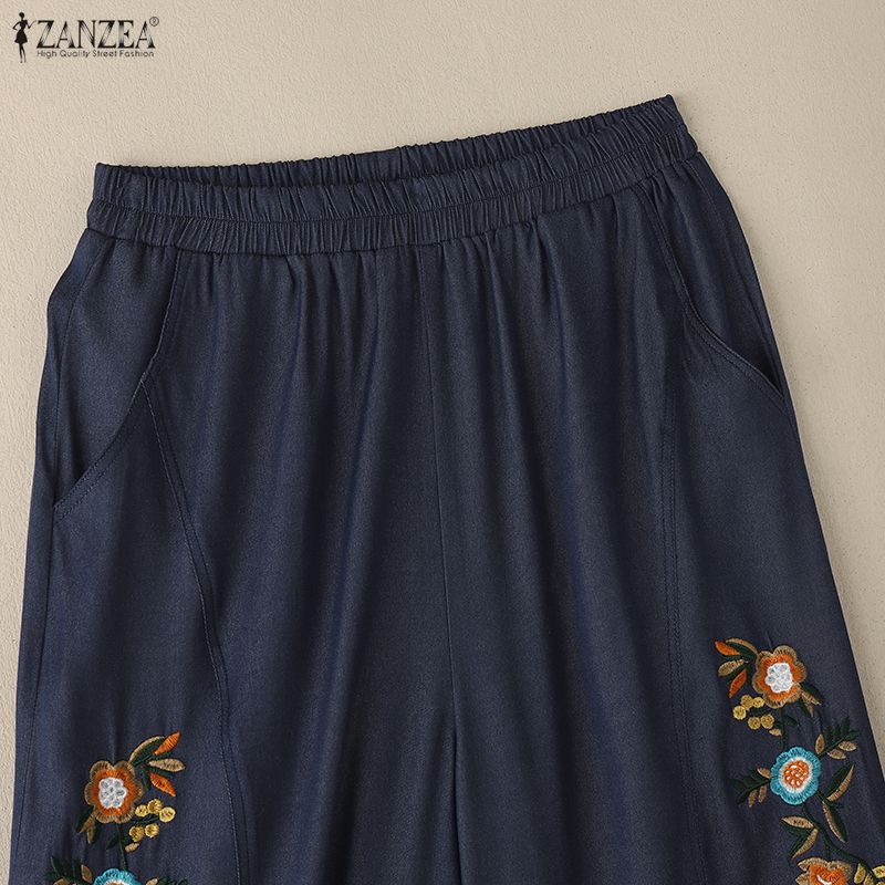 ZANZEA Damen Lässige Elastische Taille Lockere Geblümte Cropped-Hose