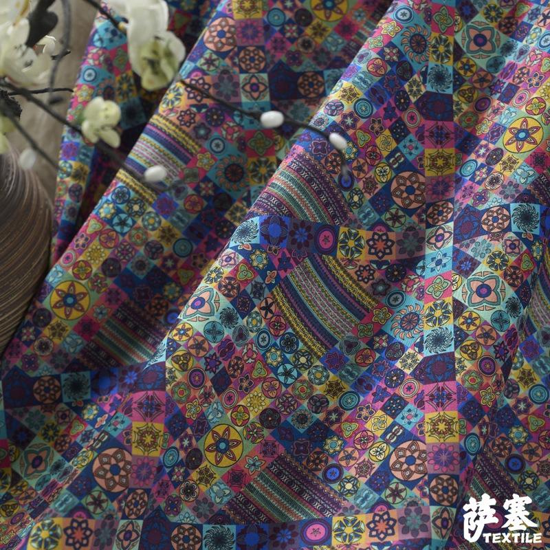 Pure Cotton Printed Plain Weave Fabric Ethnic Style Simia Fabric DIY Dress Coat Decorative Fabric Throw Pillow Bar Tablecloth