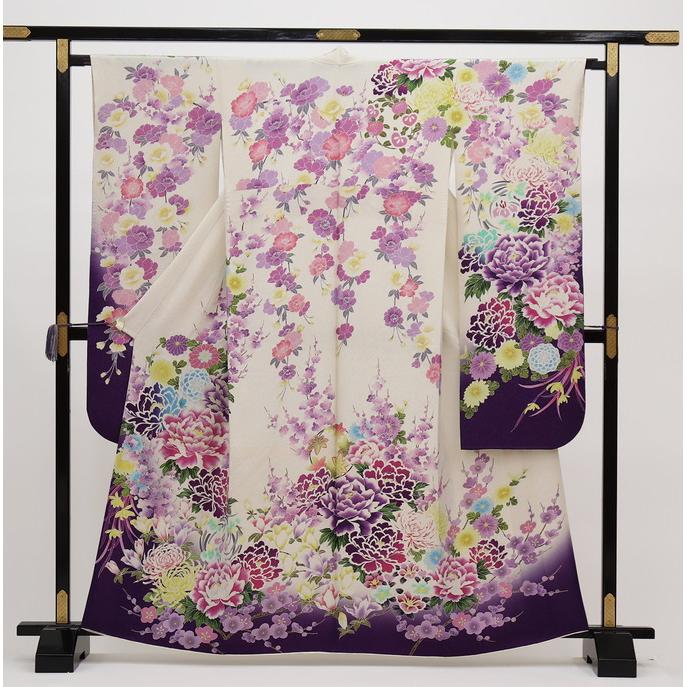 

[Small size] Furisode [Used] White x purple x pink, full of flowers [Condition rank B]