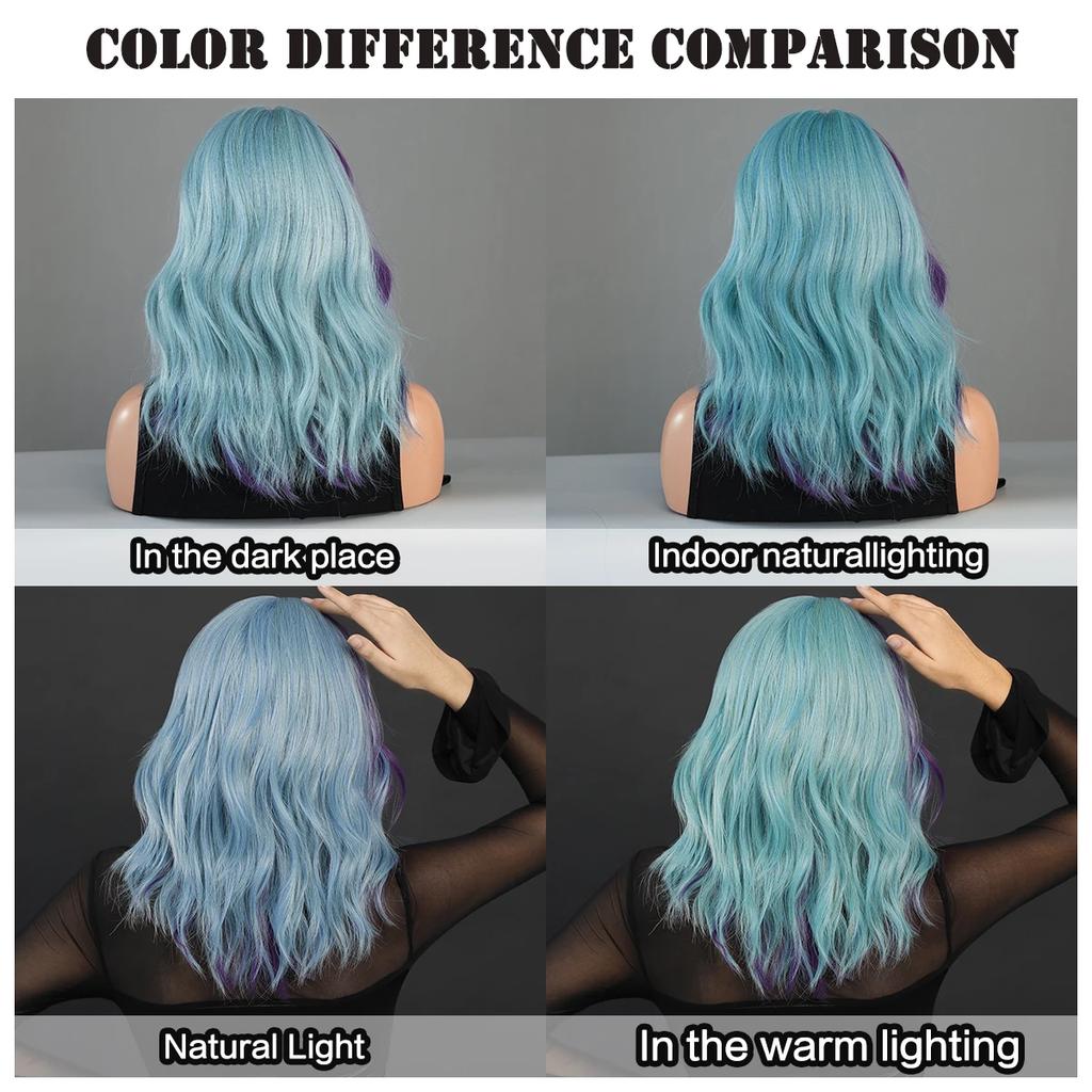 Professional  Synthetic Body Wavy Light Blue Hair Wig with Bangs for Women Daily Party High Density Middle Length Highlight Purple Wigs
