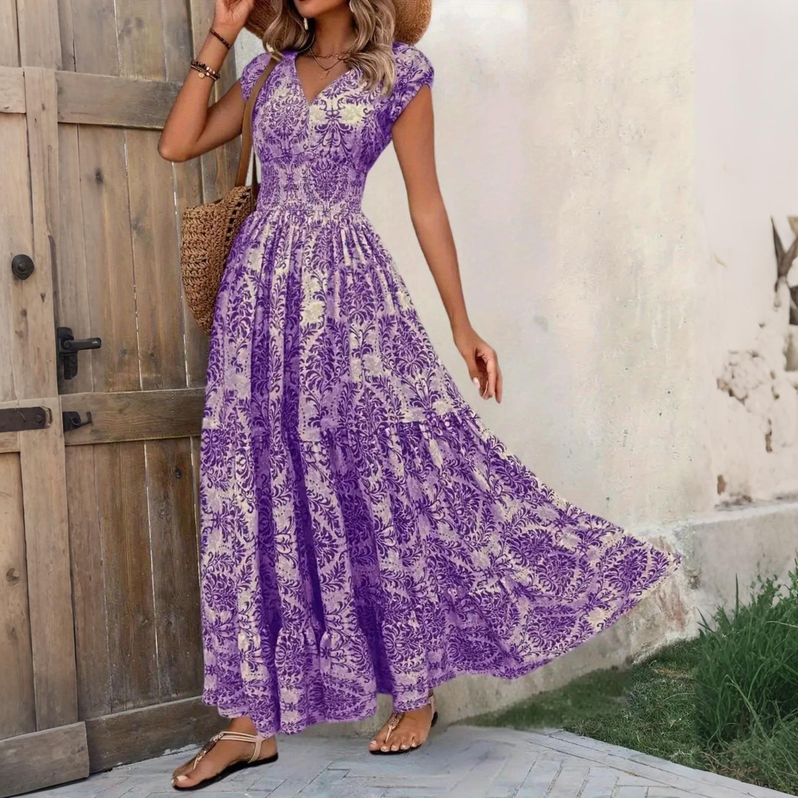 

Women Vintage Floral Print V Neck Short Sleeve Maxi Dress with Waist Design Elegant Flowing Long Dress for Daily Wear M фіолетовий