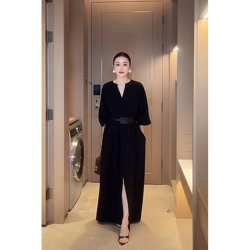 

Plus-Size Women s Summer New Style Loose Casual V-Neck Raglan Sleeve Long Dress for Curvy Women, Tummy-Concealing and Slimming Dress Black Regular Version 2XL