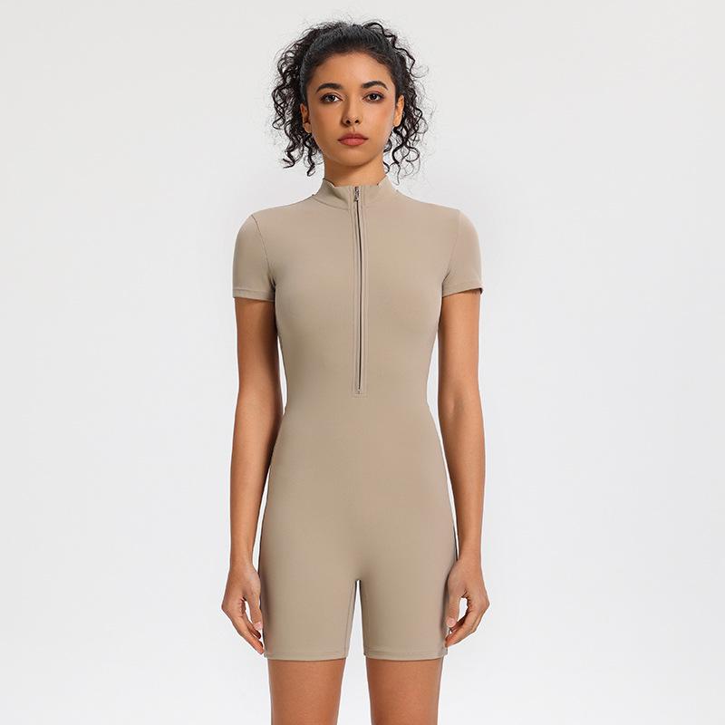 

Боди с коротким рукавом и молнией до середины, телесного цвета: Женская одежда для йоги, танцев и бега Large