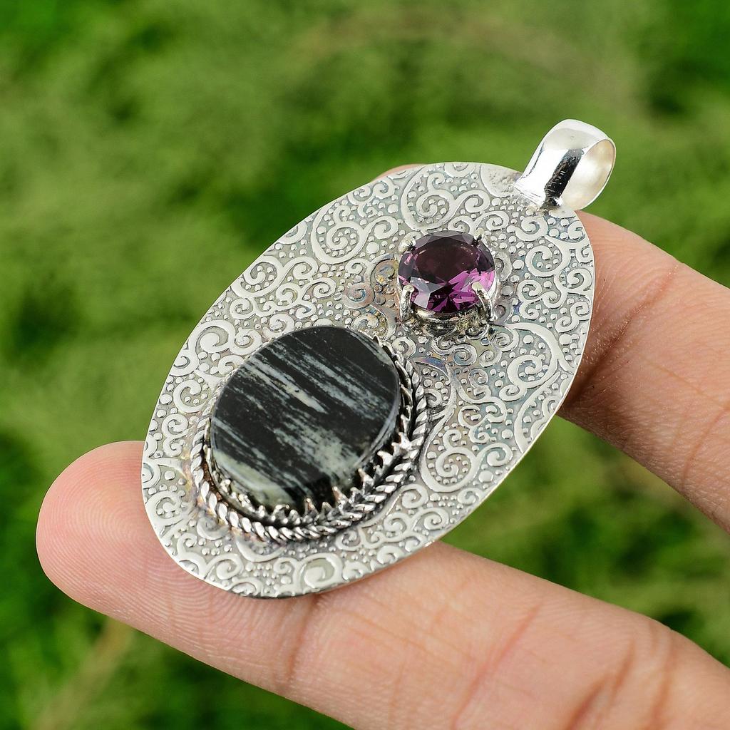 Oval Natural Silver Leaf Jasper African Amethyst Sterling Silver Wedding Pendant