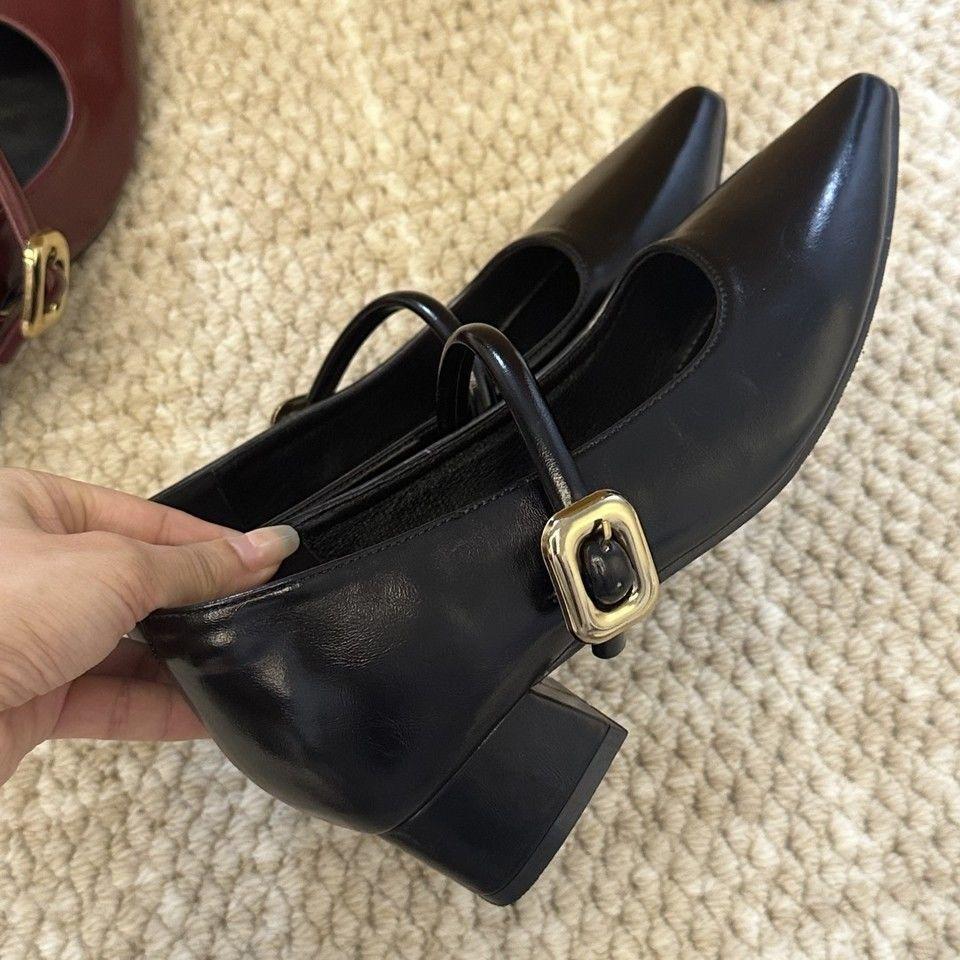 Mary Jane shoes women's 2025 early spring new French retro niche design sense one word with light mouth thick heel single shoes