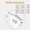 65W Charger USB PD Type-C Fast Charging 3-Port Phone Adapter QC3.0 Compatible with iPhone 15 pro Max Samsung Galaxy