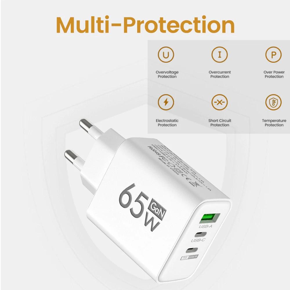 65W Charger USB PD Type-C Fast Charging 3-Port Phone Adapter QC3.0 Compatible with iPhone 15 pro Max Samsung Galaxy