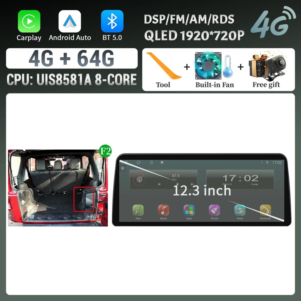 12.3inch Car Radio Stereo For Jeep Wrangler 2011-2017 Android 14 Multimedia Navigation 4G GPS WIFI Wireless Carplay Touch Screen